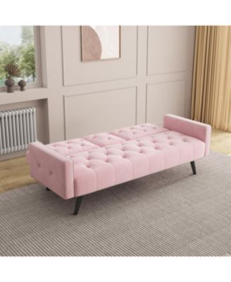 Pink Velvet Sofa Bed with Nailhead Trim & Cup Holders