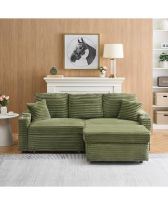 80" Corduroy Sofa Bed with Reclining, Footstool, & Cup Holders - Green