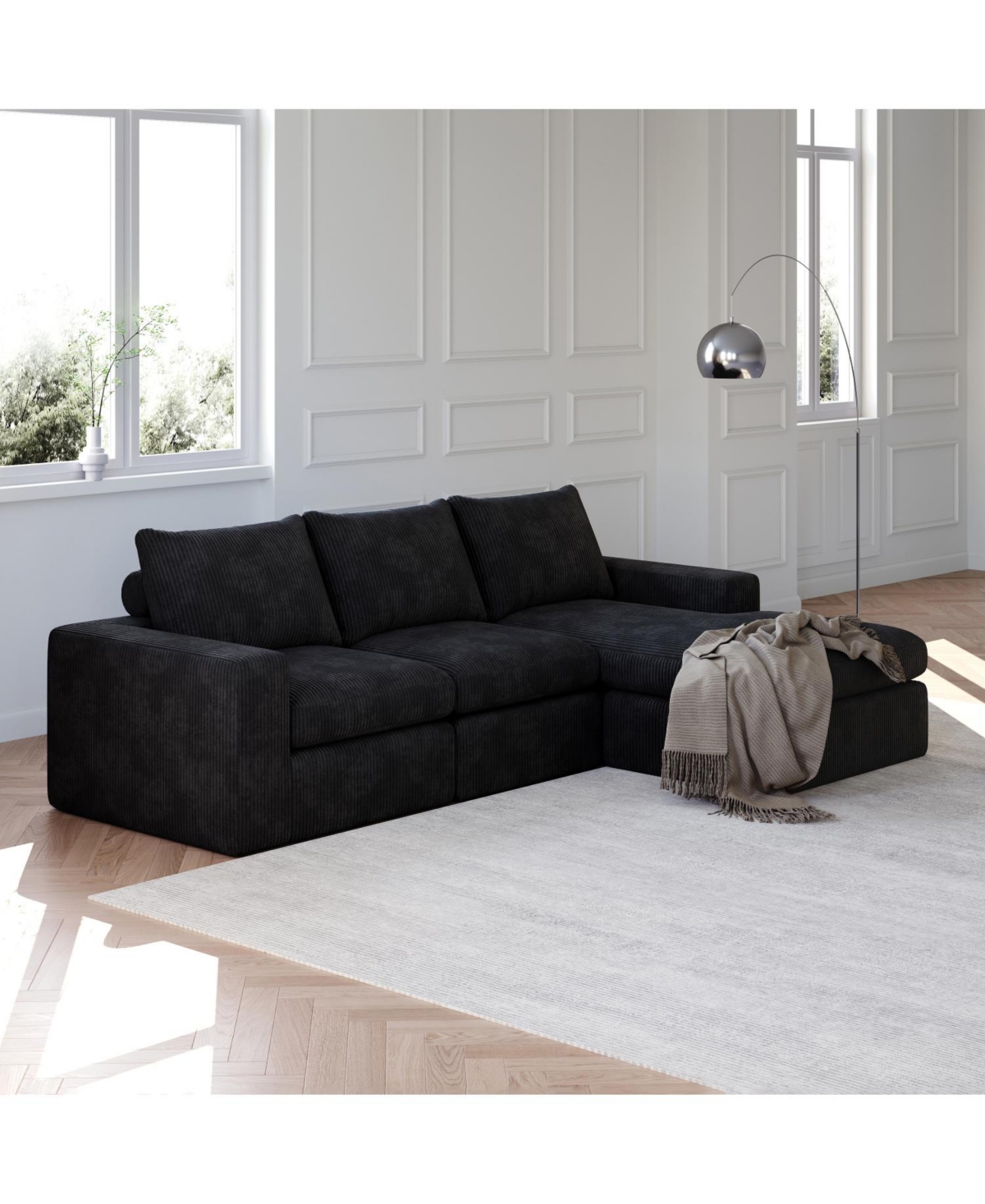 Streamdale Furniture 99" Corduroy Sectional Sofa with Chaise & 3 Pillows