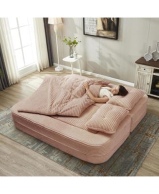 Corduroy Sectional Sofa Bed with Chaise & Blanket