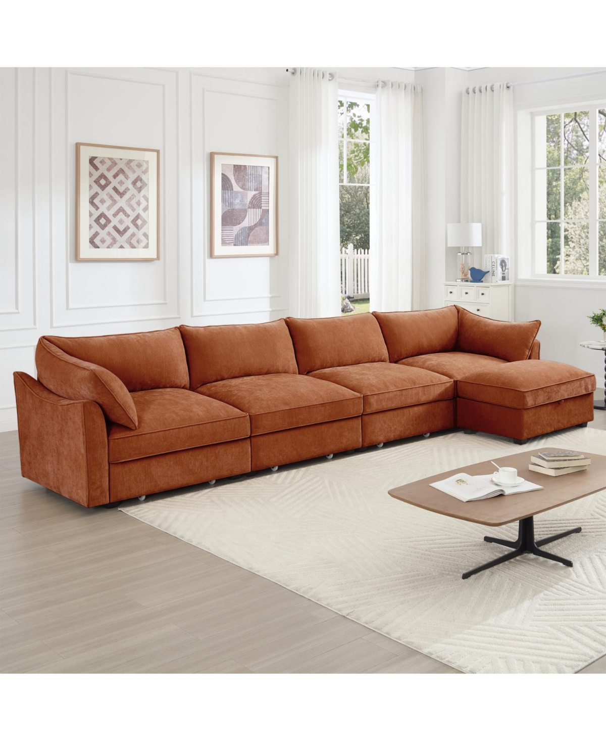Streamdale Furniture L-Shaped 4-Seat Sectional Sofa w/ Ottoman, Crescent Arms, Chenille Orange
