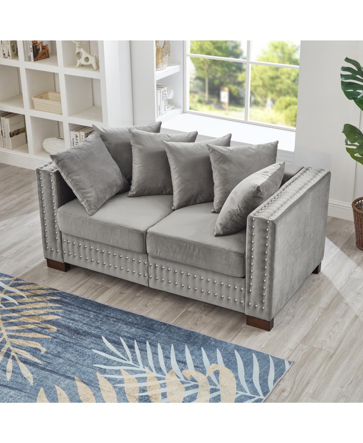 Streamdale Furniture Modern Grey Velvet Loveseat with Silver Nailhead Trim