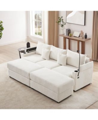 Modern 3-Seater Sofa w/ Storage, Ottomans, USB & Cup Holders – Beige