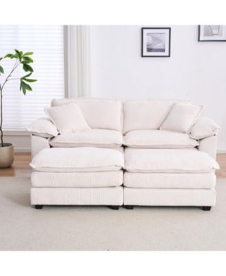 Corduroy 2-Seat Sofa with Pillows & Ottomans - White