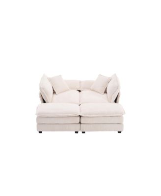 Corduroy 2-Seat Sofa with Pillows & Ottomans - White