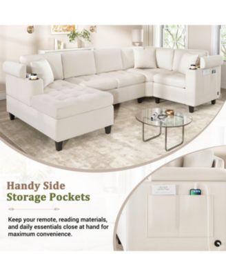 Modern U-Shaped Sectional Sofa with USB & Storage, Beige