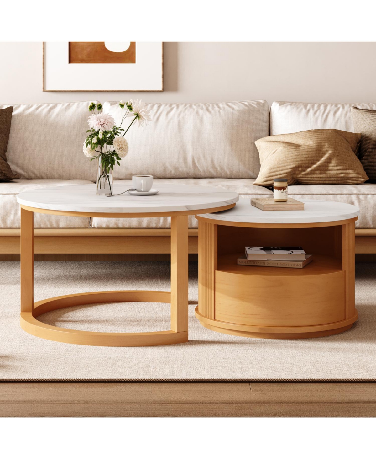 Streamdale Furniture Round Marble Top Nesting Coffee Table, 2-Tier Storage, Drawer, Natural, 28.5"