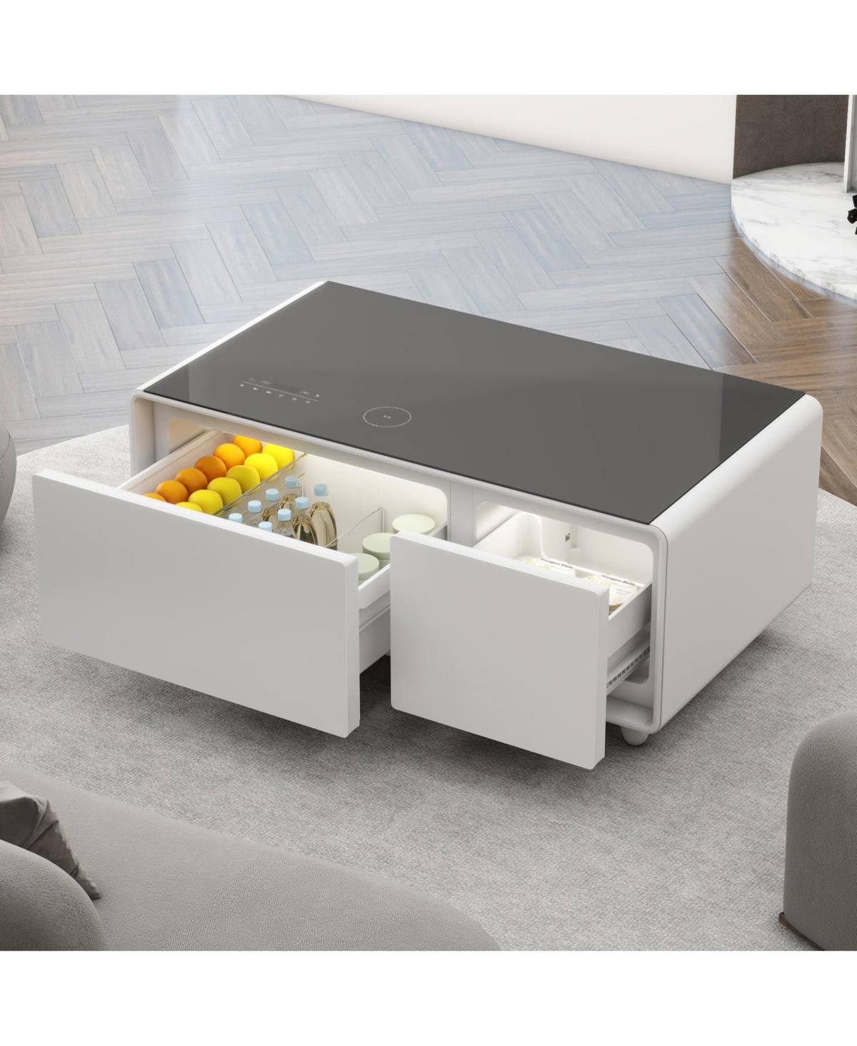 Streamdale Furniture Smart Coffee Table Fridge/Freezer, Bluetooth, Wireless Charge, Usb, Light - White