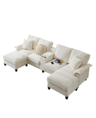 120" Corduroy Sectional Sofa Bed w/Storage, Cup Holders