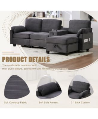 L-Shape Corduroy Sofa- 4-Seater, USB, Storage, Console & Ottoman