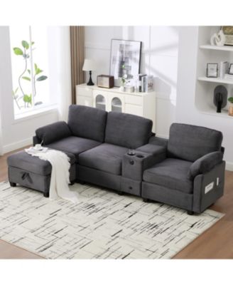 L-Shape Corduroy Sofa- 4-Seater, USB, Storage, Console & Ottoman