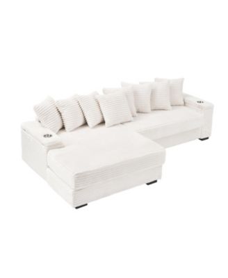 Beige Corduroy Sofa w/ Cupholders, Lockers, Reversible Chaise