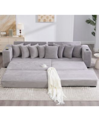 Corduroy L-Shaped Sectional Sofa w/ Ottoman, Pillows & Cup Holders - Light Gray