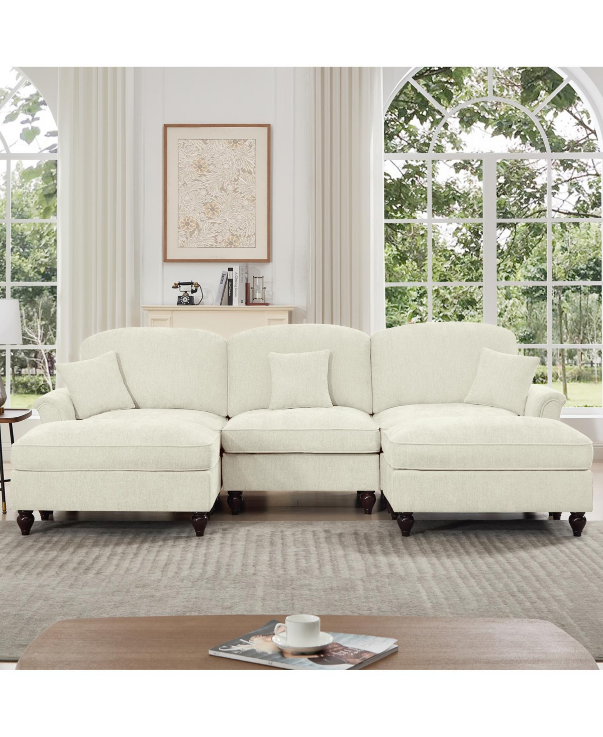 Streamdale Furniture Comfy Modular U-Shape Chenille Sectional Sofa with Ottomans - Beige White