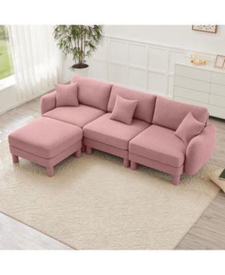  Pink Boucle Convertible Sectional Sofa with Ottoman