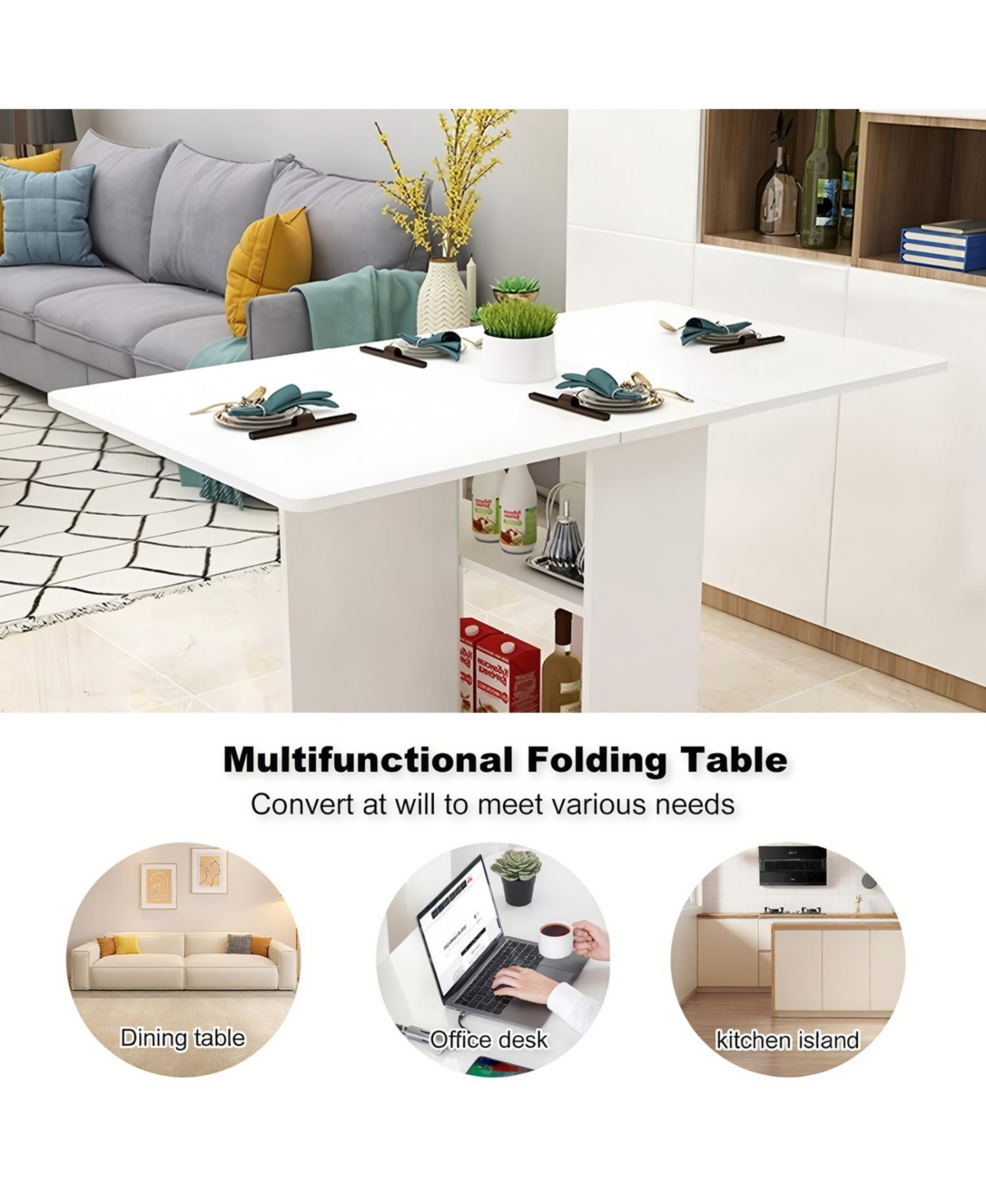 Streamdale Folding Drop Leaf Dining Table with Wheels & Storage - White