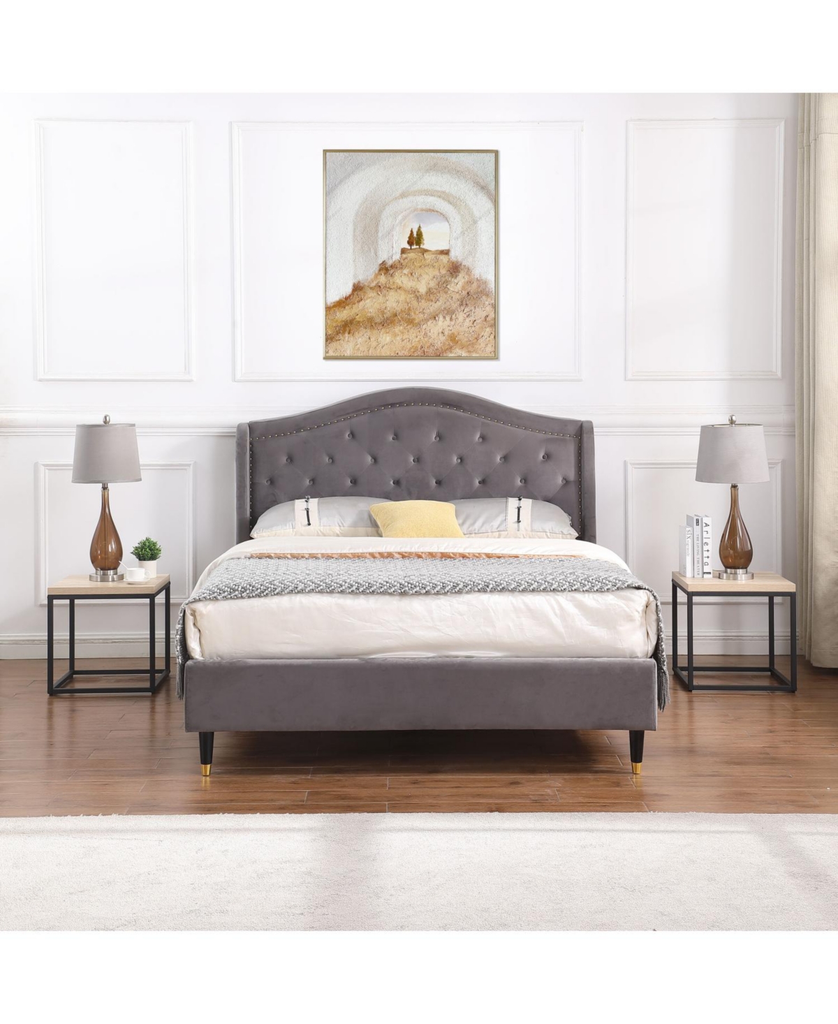 Streamdale FurnitureNatural Oak End Table Set (2) - Wood & Metal Nightstand