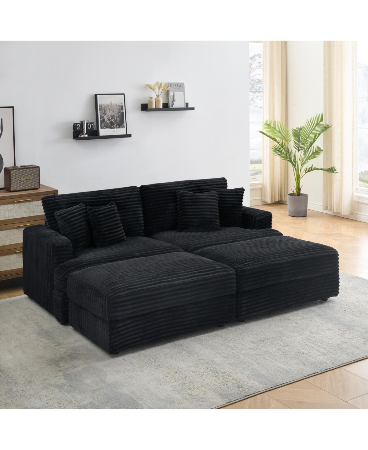 Streamdale Furniture Black Corduroy Sofa w/ Storage Legs & Pillows