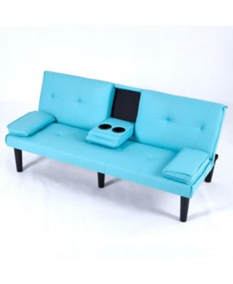 67" Blue PVC Sofa Bed - Foldable with Cup Holder