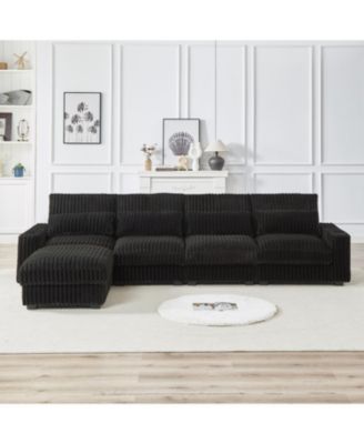 Corduroy L-Shaped Sofa w/ Cup Holder, USB, Pillows & Movable Footrest