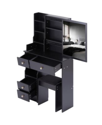 Slim Vanity with XL Sliding Mirror, Multi-Layer Storage, Cushioned Stool