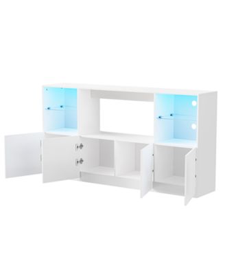 High Gloss TV Stand with LED Lights, Large Storage & Tempered Glass Shelves (Black, 67"Wx13.7"D)