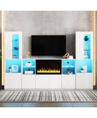Modern TV Stand with Non-Heating Electric Fireplace, LED Lights, and Tempered Glass Shelves for up to 75" TVs