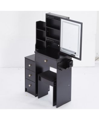 Multifunctional Bedside Vanity Table with - LED Mirror- Power Station- Hair Dryer Bracket- Cushioned Stool- Tri-Color Lighting