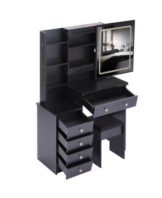 Vanity Table Set with Sliding Mirror, 2 AC+2 USB, Hair Dryer Stand