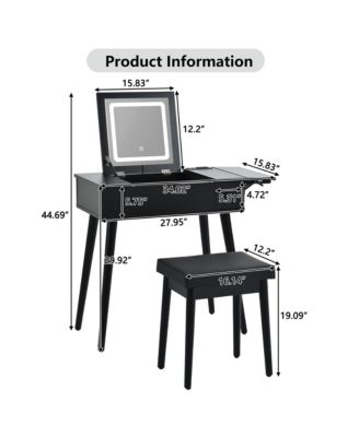 28" Black Vanity Desk with Flip-Top Mirror, LED Light, Charging Station, Drawers, and Stool