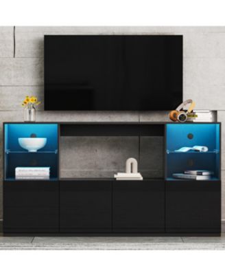 High Gloss TV Stand with LED Lights, Large Storage & Tempered Glass Shelves (Black, 67"Wx13.7"D)