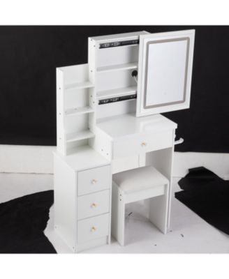 Streamdale Multifunctional Bedside Vanity Table with - LED Mirror - Power Station - Hair Dryer Bracket - Cushioned Stool