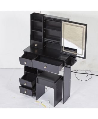 Vanity Table with Power Station, LED Mirror, & Cushioned Stool