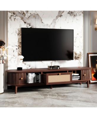 Modern TV Stand for 75" TVs with Rattan Drawer & Cabinets