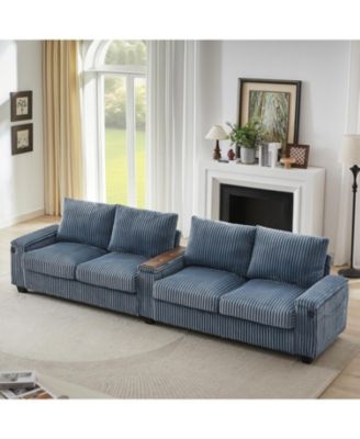 Corduroy Sofa Couch 133" w/ USB Storage & Cup Holders