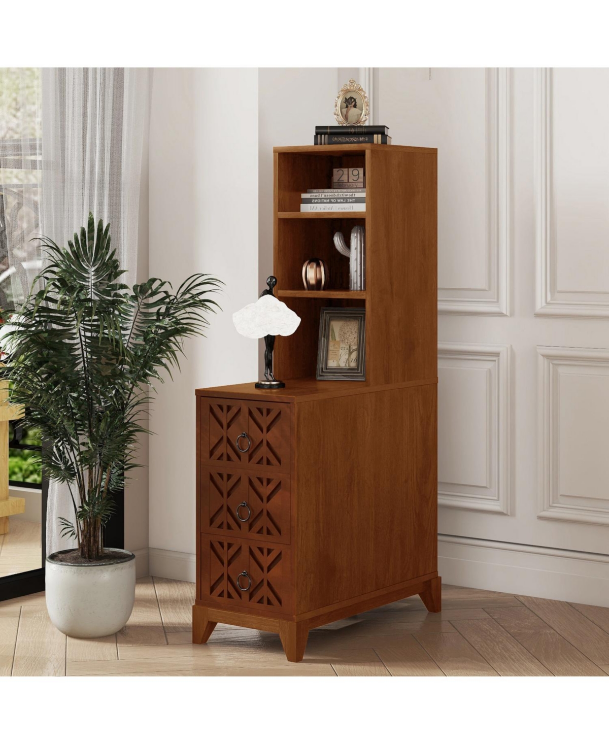 Streamdale Furniture Walnut End Table with 3 Drawers & 2 Shelves