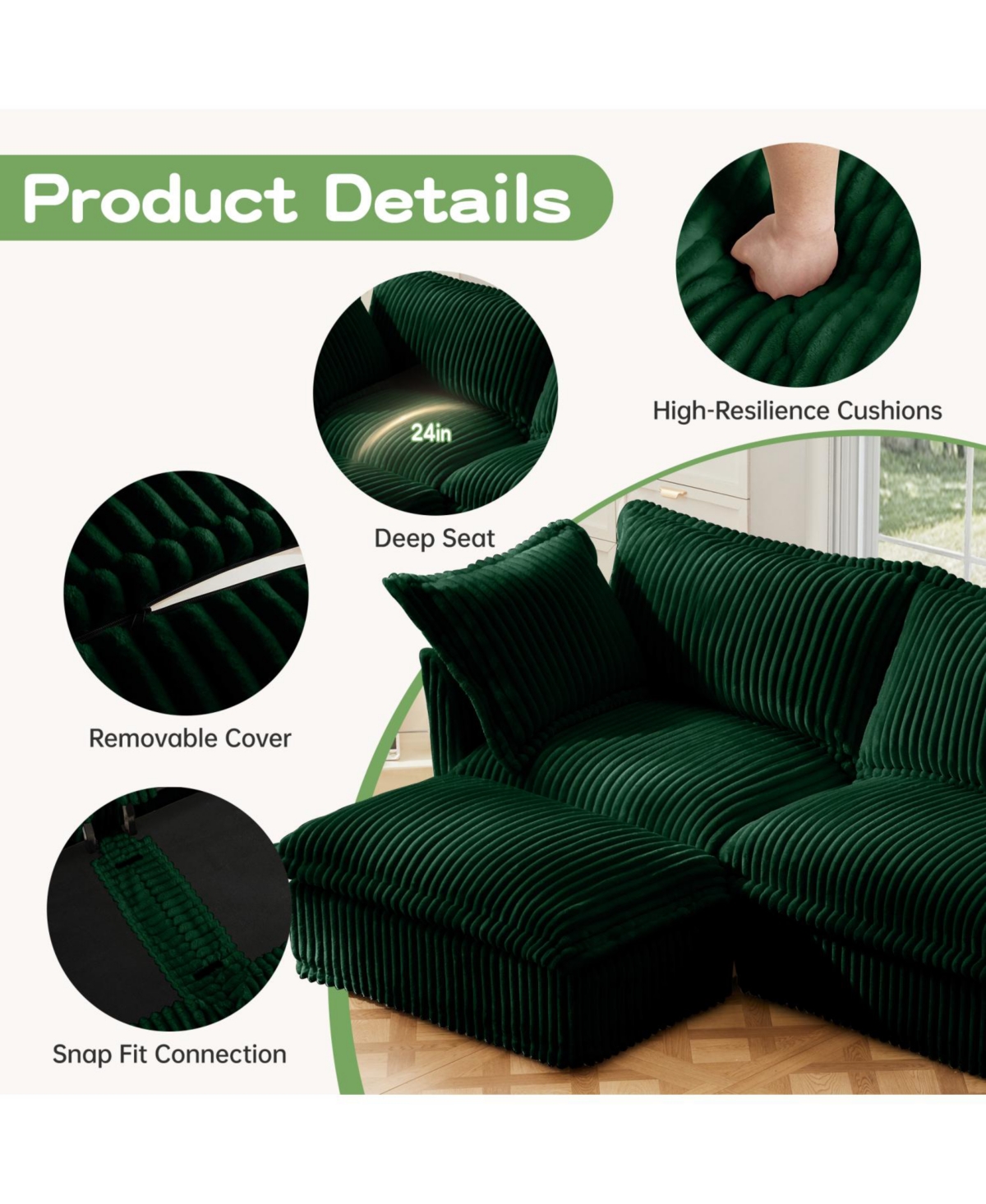 Streamdale Furniture Slipcovered U Shape Sectional Sofa Green Corduroy