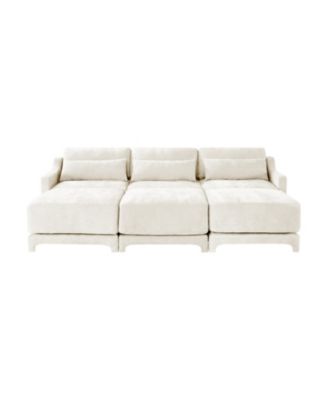 Beige Chenille 3-Seater Sofa with Ottomans