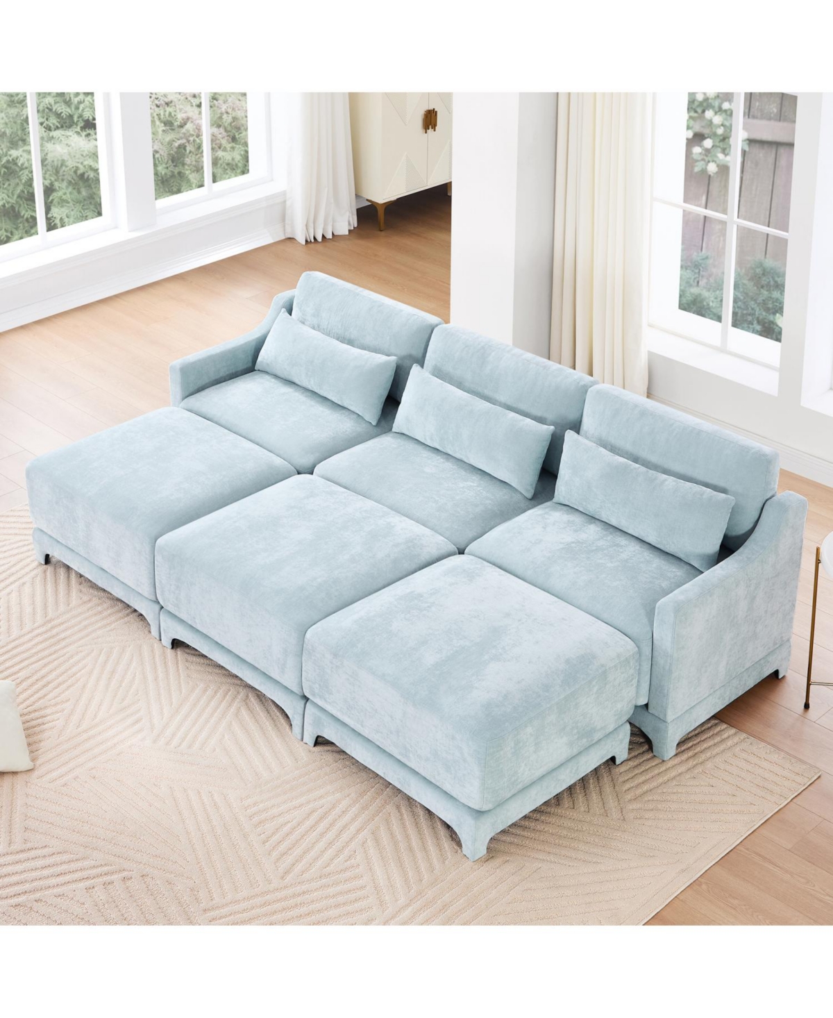 Streamdale Furniture Sky Blue Chenille 3-Seater Sofa with Ottomans