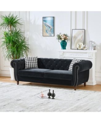 87" Chesterfield Velvet Sofa, Roll Arm, Nailhead Trim, 3 Seater