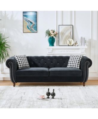 87" Chesterfield Velvet Sofa, Roll Arm, Nailhead Trim, 3 Seater