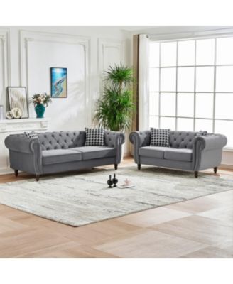 Streamdale Chesterfield Velvet Sofa Set, Roll Arm, Nailhead Trim, Gray