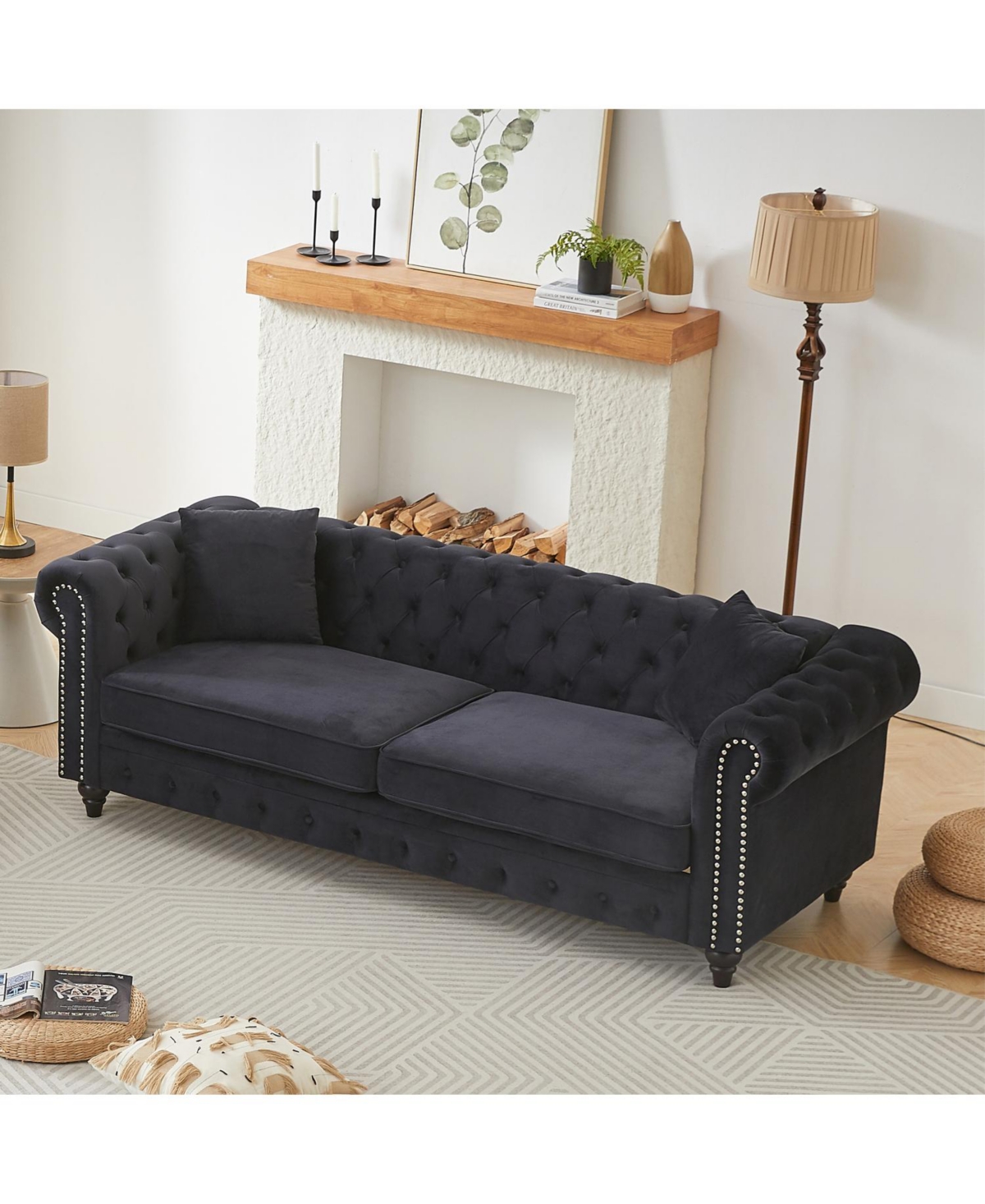 Streamdale Furniture Velvet Chesterfield Sofa 85.5" Rolled Arms 3 Seater Button Design + 2 Cushions