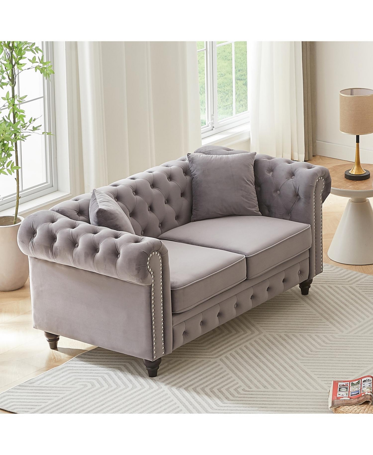 Streamdale Furniture Modern Velvet Chesterfield Sofa with Nailhead Arms