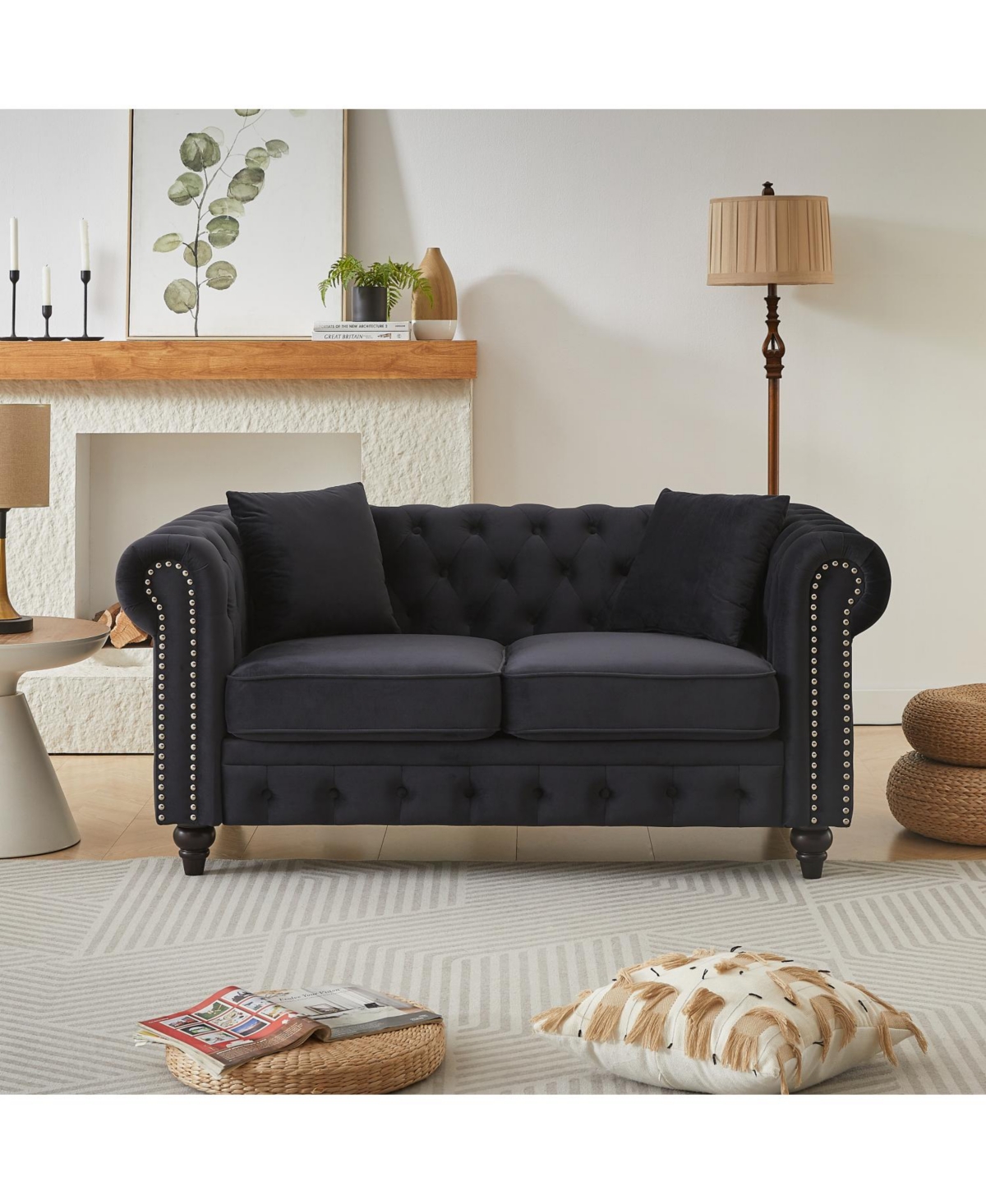 Streamdale Furniture Modern Velvet Chesterfield Sofa with Nailhead Arms