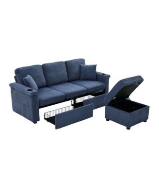 L-Shaped Sectional Sofa w/ Storage Ottoman, USB, Cup Holder, Corduroy