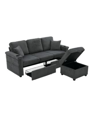 L-Shaped Sectional Sofa w/ Storage Ottoman, USB, Cup Holder, Corduroy