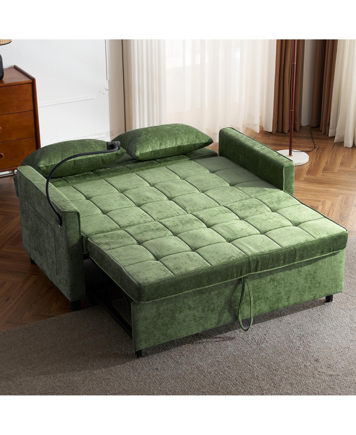 Streamdale Furniture 56.9" Loveseat Sleeper Sofa w/ Usb Ports & Phone Holder, Green