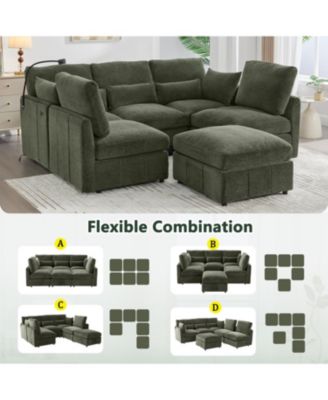 Modern Sectional Sofa U-shaped Couch with Ottoman, USB & Phone Holder - Green