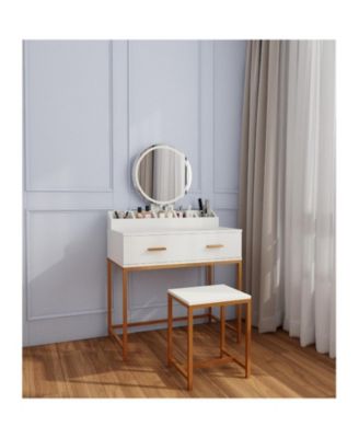 Streamdale White & Gold Vanity Set with Mirror, Stool, Drawers & Organizer